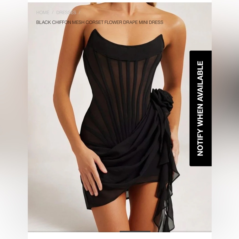 BLACK CHIFFON MESH CORSET FLOWER DRAPE MINI DRESS